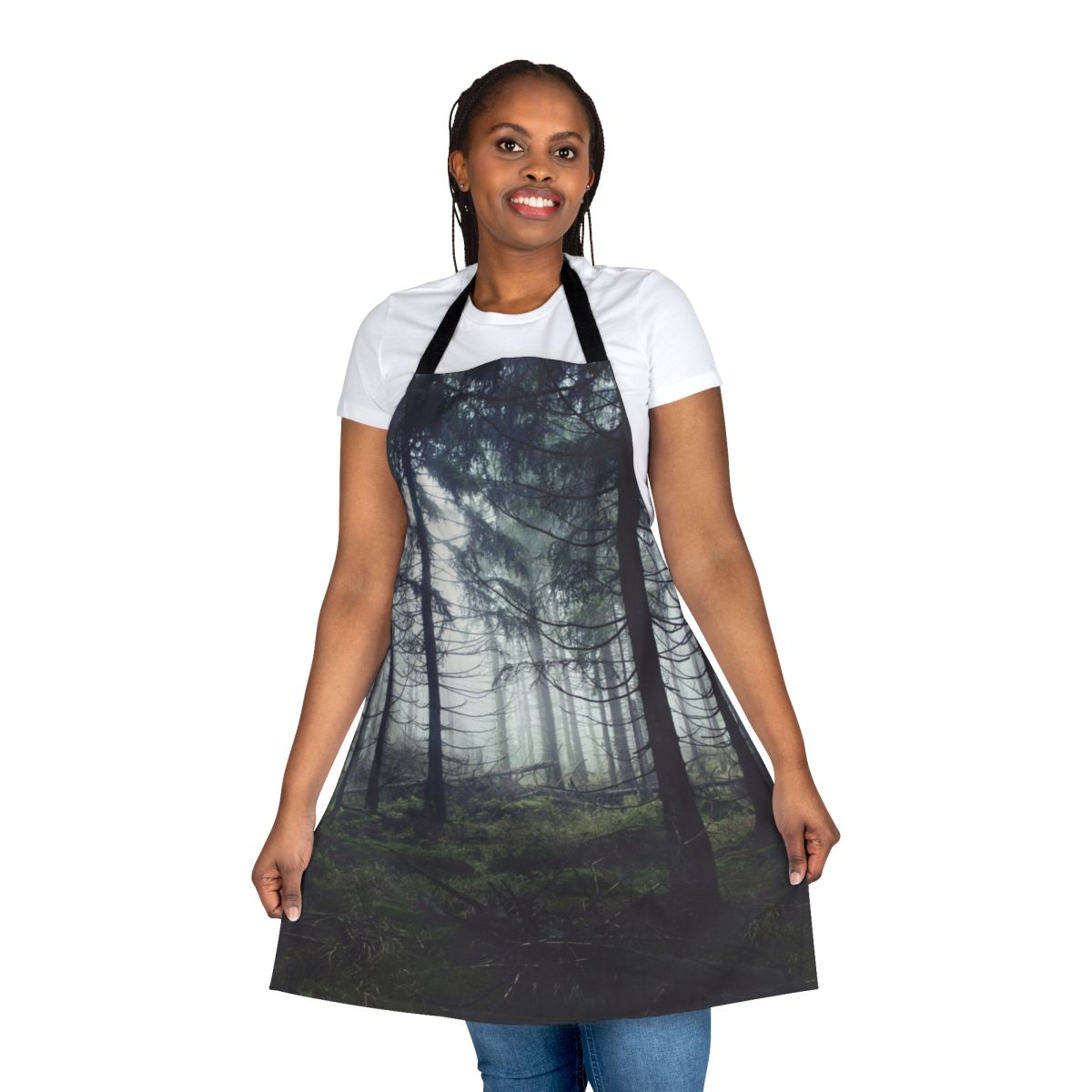 Whimsical apron featuring a misty forest scene, perfect for nature lovers and outdoor enthusiasts.