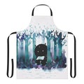 Whimsical apron featuring a watercolor forest scene and literary elements
