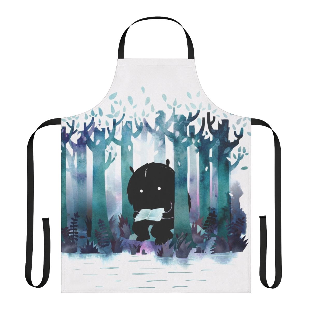 Whimsical apron featuring a watercolor forest scene and literary elements