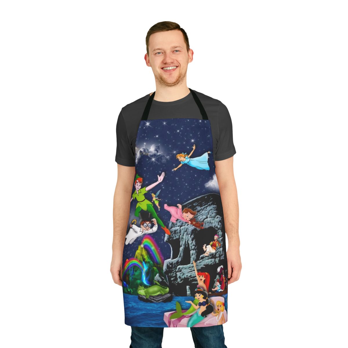 Whimsical Peter Pan-themed apron with Neverland imagery