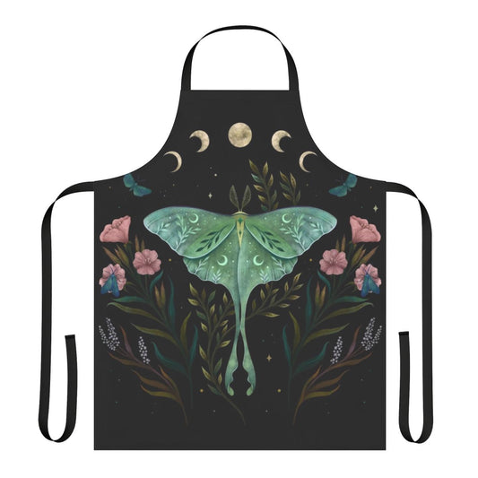 Enchanting night garden apron with botanical, boho-inspired design featuring moon, flowers, and moths