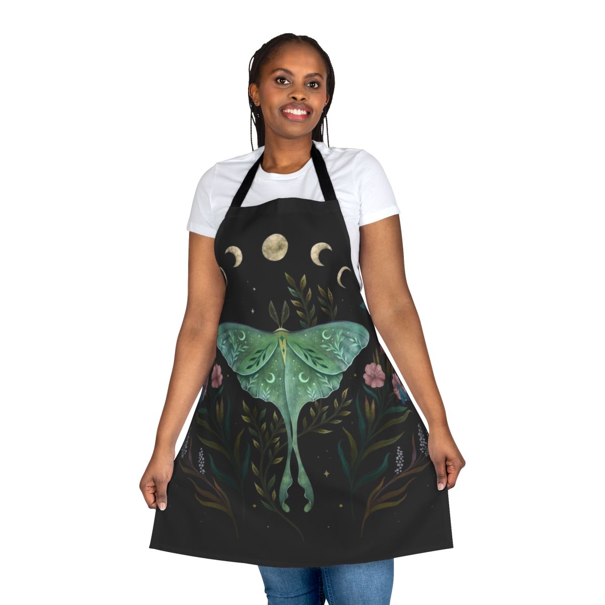 Enchanting night garden apron with botanical, boho-inspired design featuring moon, flowers, and moths