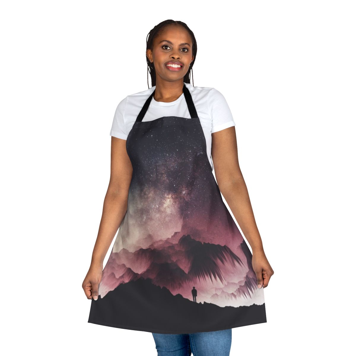 Apron featuring a surreal, digital art design with a night sky, cosmos, and milky way galaxy.