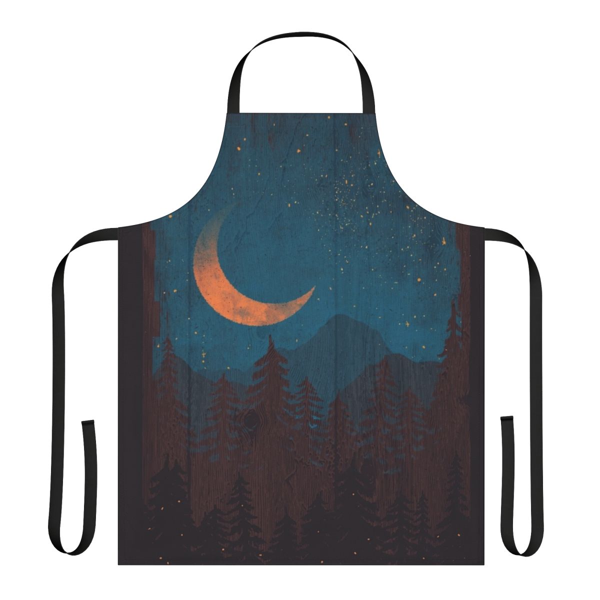 Apron featuring a night sky landscape with mountains, stars, and fireflies