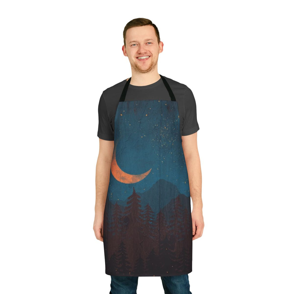 Apron featuring a night sky landscape with mountains, stars, and fireflies
