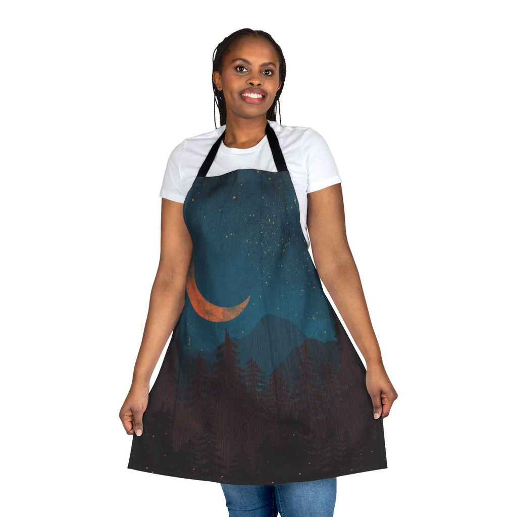 Apron featuring a night sky landscape with mountains, stars, and fireflies