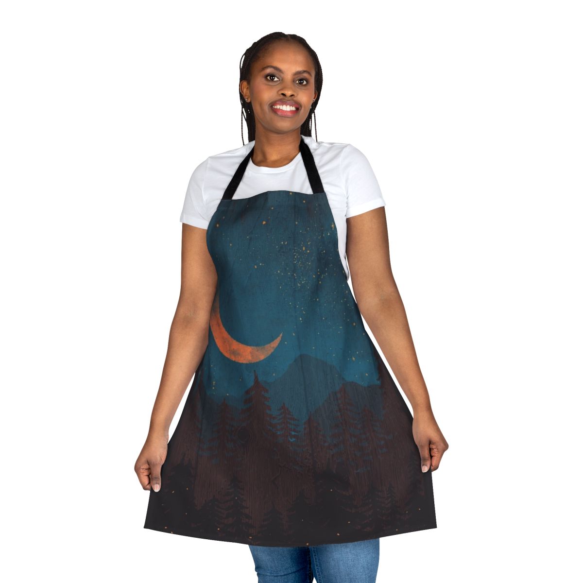 Apron featuring a night sky landscape with mountains, stars, and fireflies