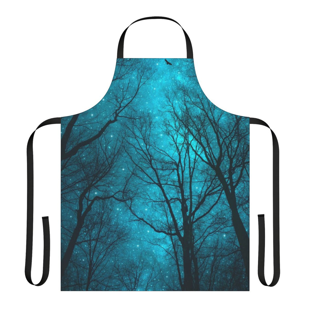 An apron featuring a dreamy night sky design with a galaxy print and silhouetted tree branches.