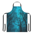 An apron featuring a dreamy night sky design with a galaxy print and silhouetted tree branches.