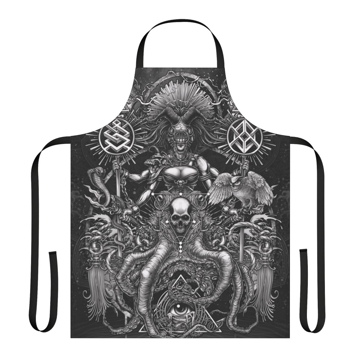 Apron featuring a gothic, surreal design of an octopus skull with occult symbols