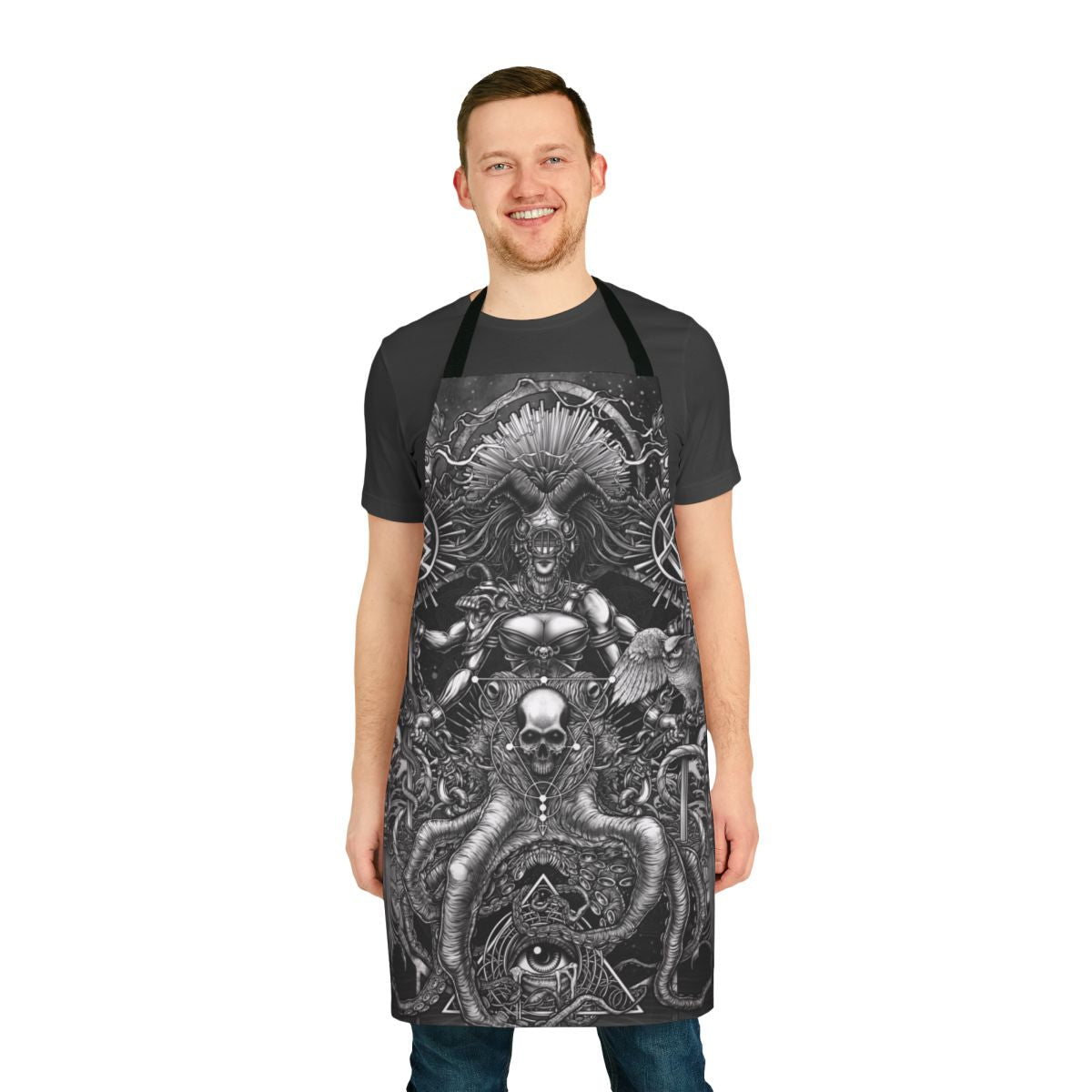 Apron featuring a gothic, surreal design of an octopus skull with occult symbols