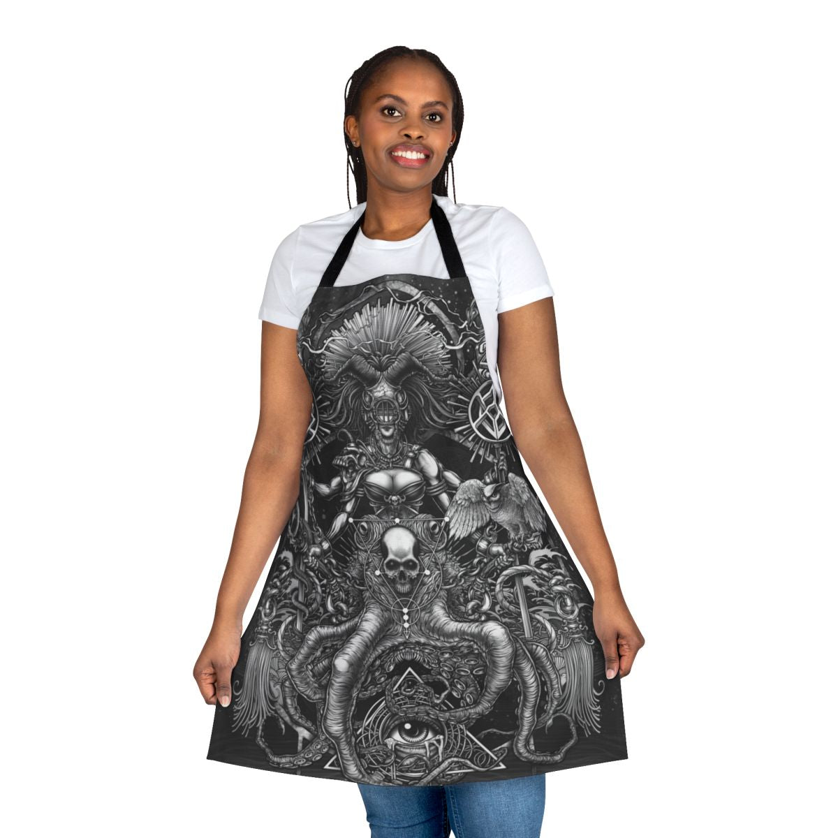 Apron featuring a gothic, surreal design of an octopus skull with occult symbols