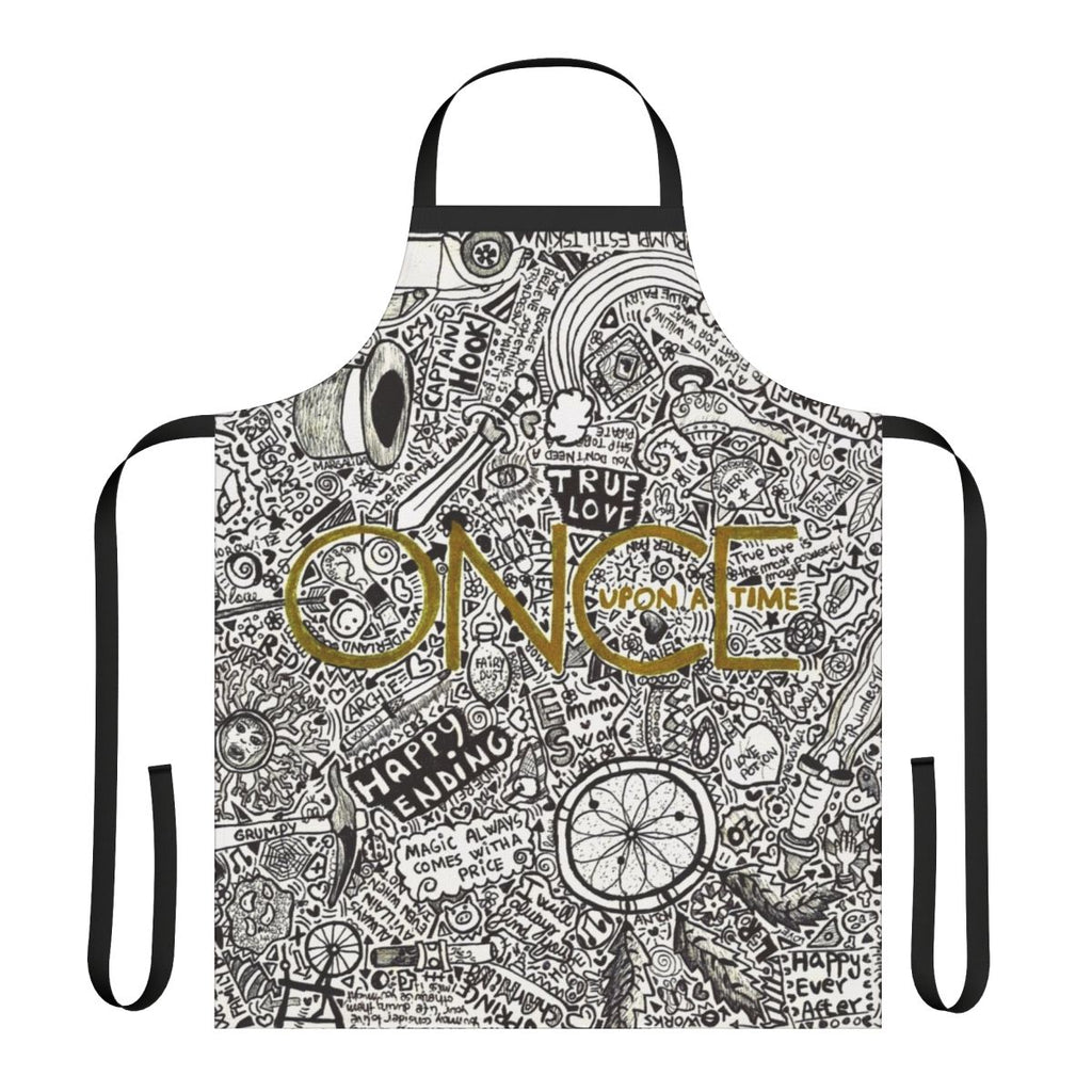 An apron featuring iconic elements from the Once Upon a Time TV series, including the chipped cup, magic beans, and the Enchanted Forest.