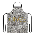 An apron featuring iconic elements from the Once Upon a Time TV series, including the chipped cup, magic beans, and the Enchanted Forest.