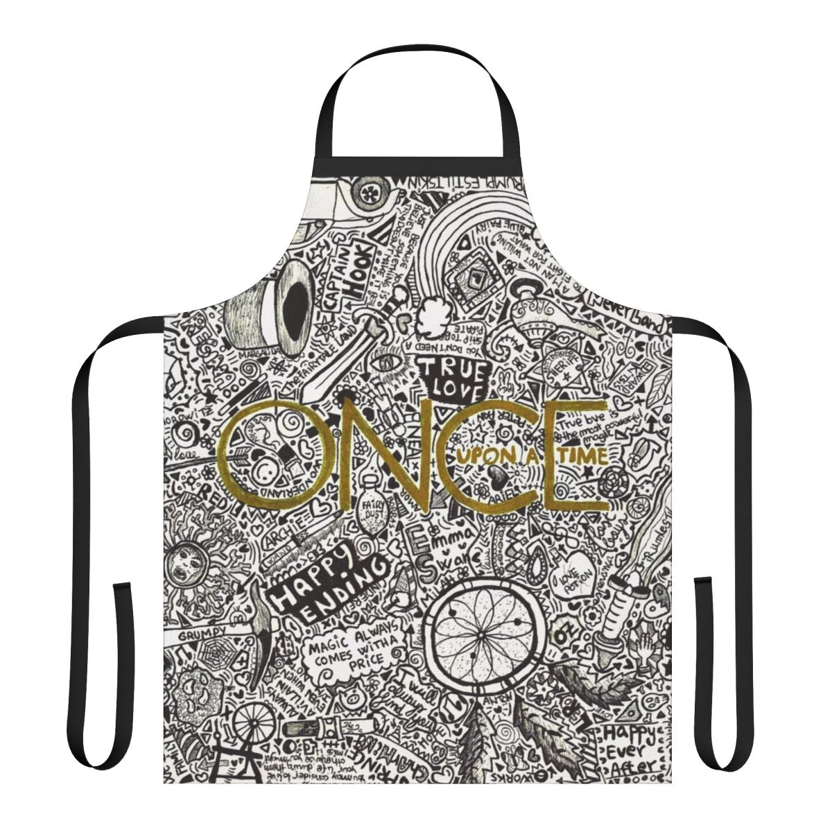 An apron featuring iconic elements from the Once Upon a Time TV series, including the chipped cup, magic beans, and the Enchanted Forest.