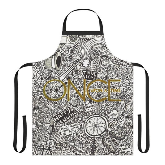An apron featuring iconic elements from the Once Upon a Time TV series, including the chipped cup, magic beans, and the Enchanted Forest.