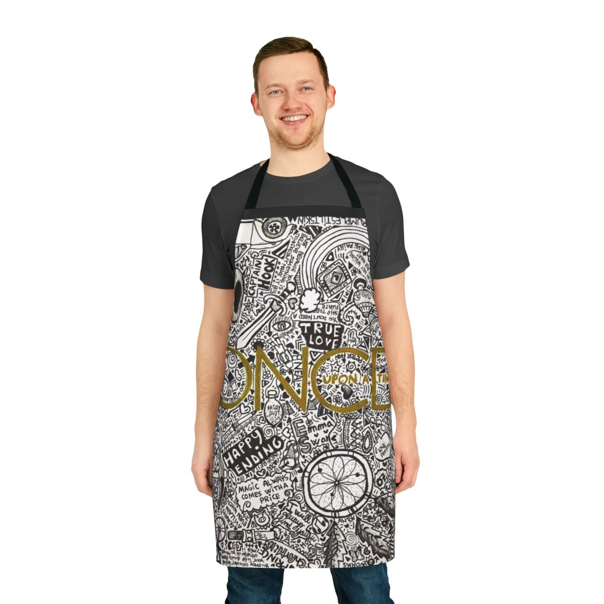An apron featuring iconic elements from the Once Upon a Time TV series, including the chipped cup, magic beans, and the Enchanted Forest.