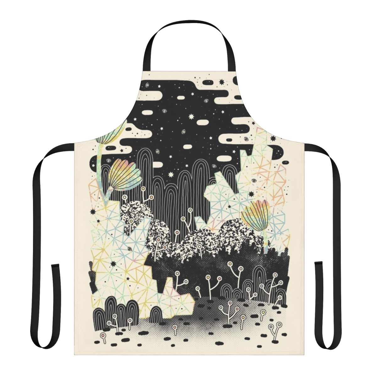 Whimsical pastel-colored apron featuring crystals and a dreamscape design for a magical kitchen experience.