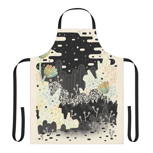 Whimsical pastel-colored apron featuring crystals and a dreamscape design for a magical kitchen experience.