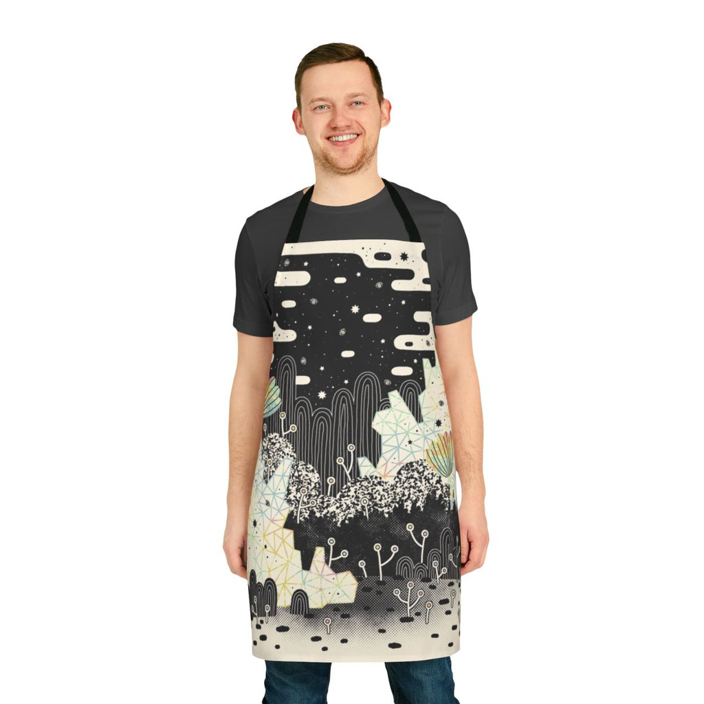 Whimsical pastel-colored apron featuring crystals and a dreamscape design for a magical kitchen experience.