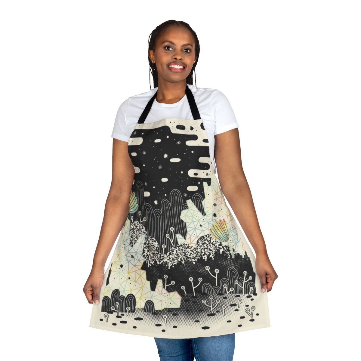 Whimsical pastel-colored apron featuring crystals and a dreamscape design for a magical kitchen experience.
