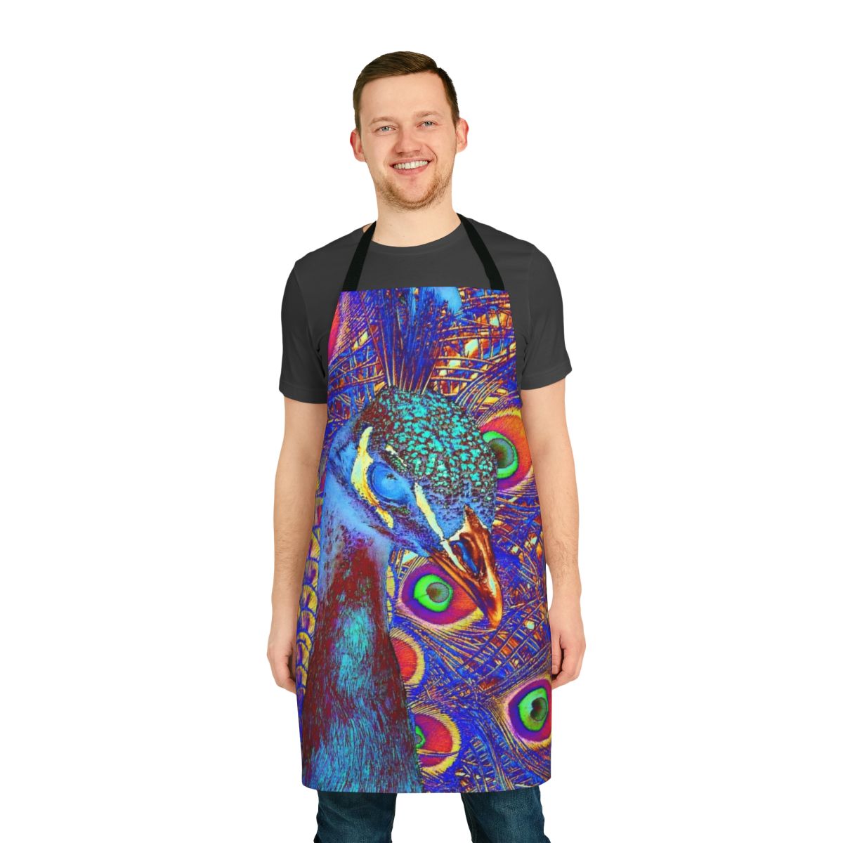 Vibrant peacock-patterned apron with intricate design