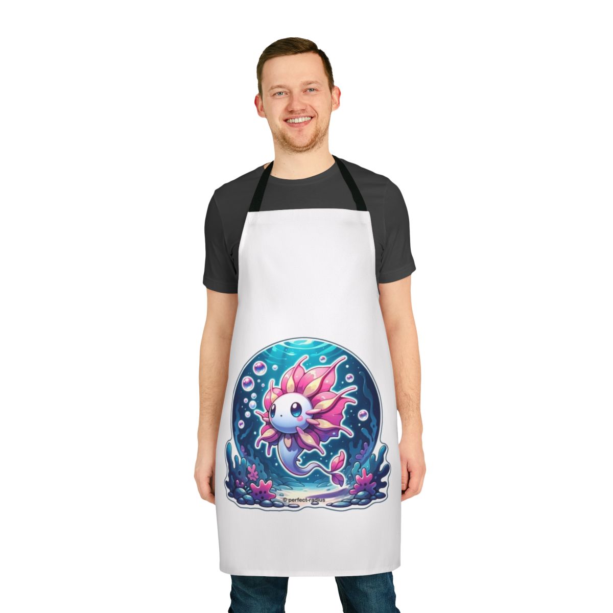 Whimsical apron featuring a fantastical petal fish design, perfect for the fantasy kitchen.