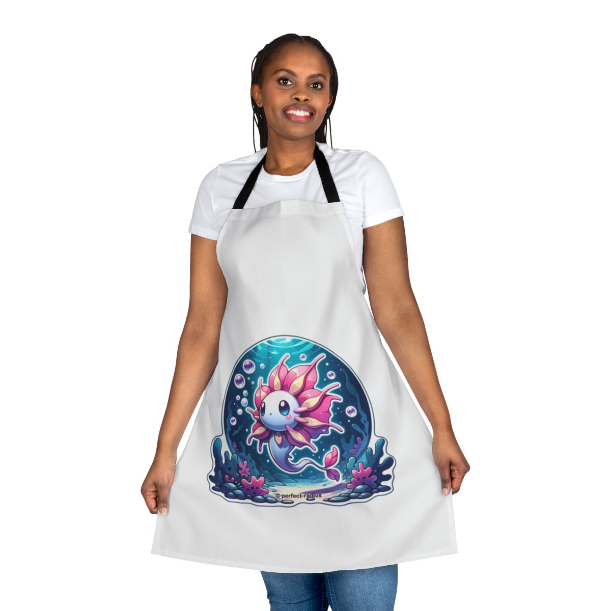 Whimsical apron featuring a fantastical petal fish design, perfect for the fantasy kitchen.