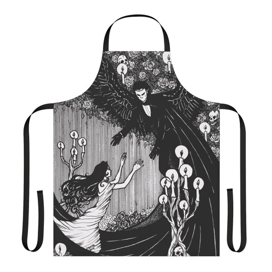 An apron featuring a striking monochrome design with angelic and music-themed imagery, inspired by the classic gothic novel and opera "The Phantom of the Opera".