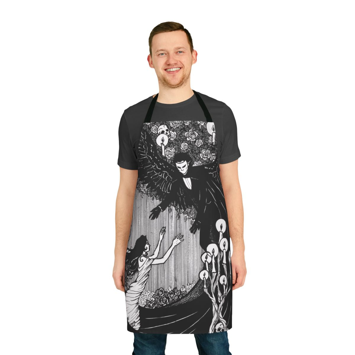 An apron featuring a striking monochrome design with angelic and music-themed imagery, inspired by the classic gothic novel and opera "The Phantom of the Opera".