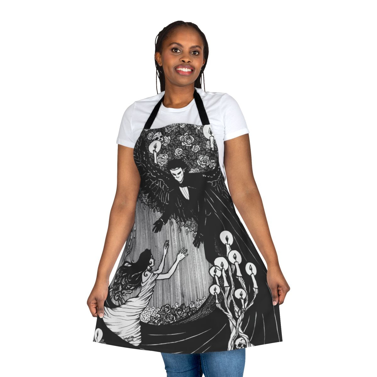 An apron featuring a striking monochrome design with angelic and music-themed imagery, inspired by the classic gothic novel and opera "The Phantom of the Opera".