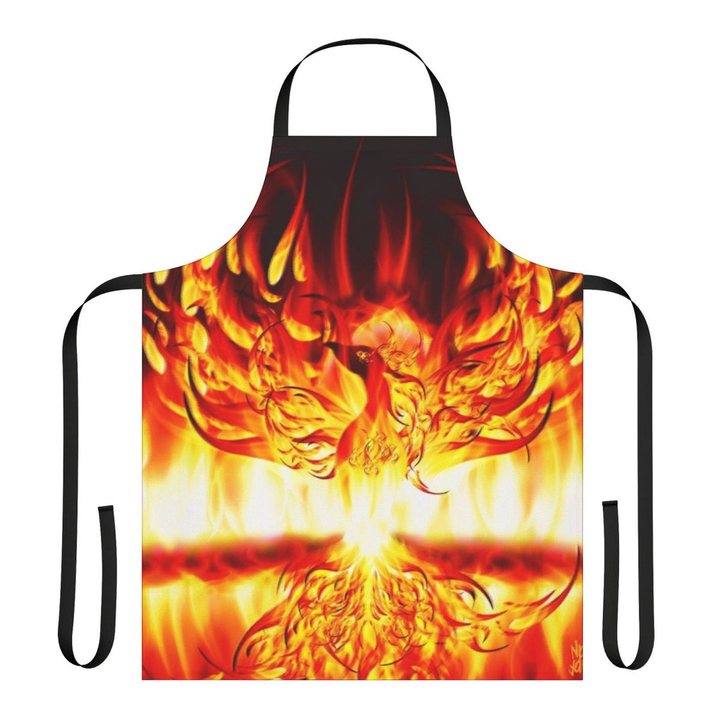 A vibrant apron featuring a mythical phoenix rising from flames