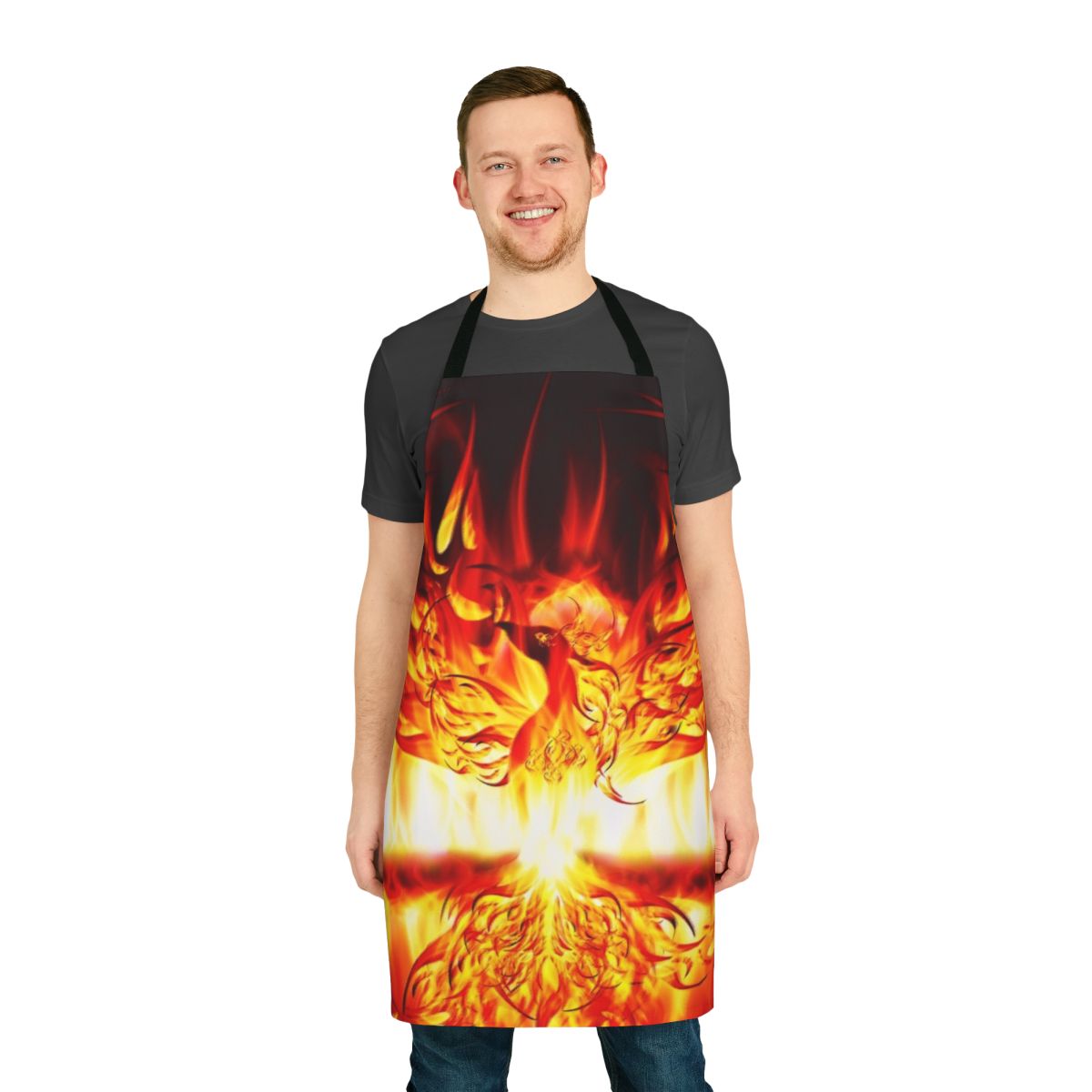 A vibrant apron featuring a mythical phoenix rising from flames