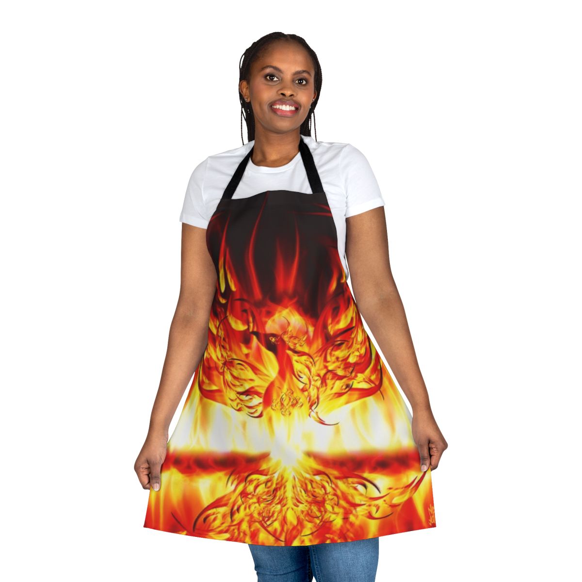 A vibrant apron featuring a mythical phoenix rising from flames