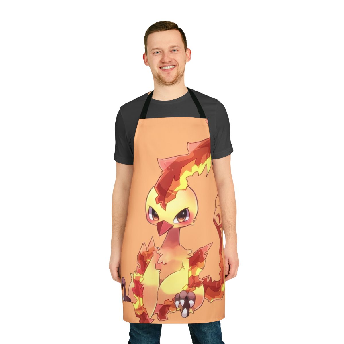 Person wearing a high-quality apron featuring a phoenix, a mythical legendary bird.