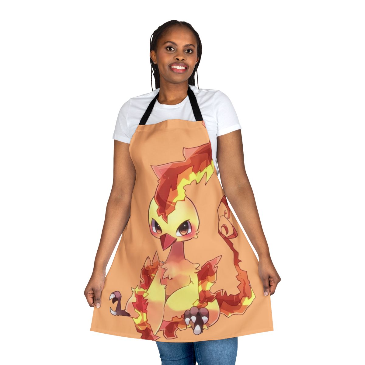 Person wearing a high-quality apron featuring a phoenix, a mythical legendary bird.