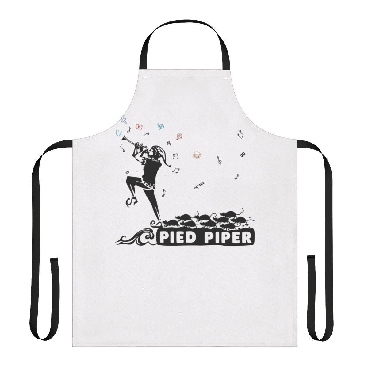 Monochrome apron featuring the Pied Piper of Hamelin folklore