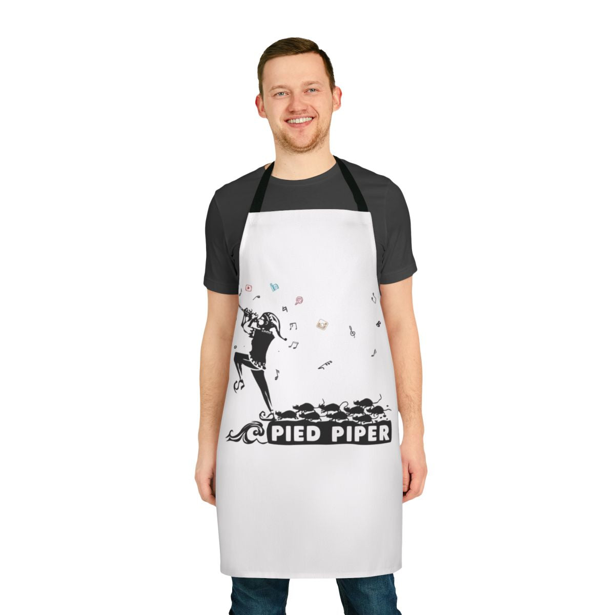 Monochrome apron featuring the Pied Piper of Hamelin folklore