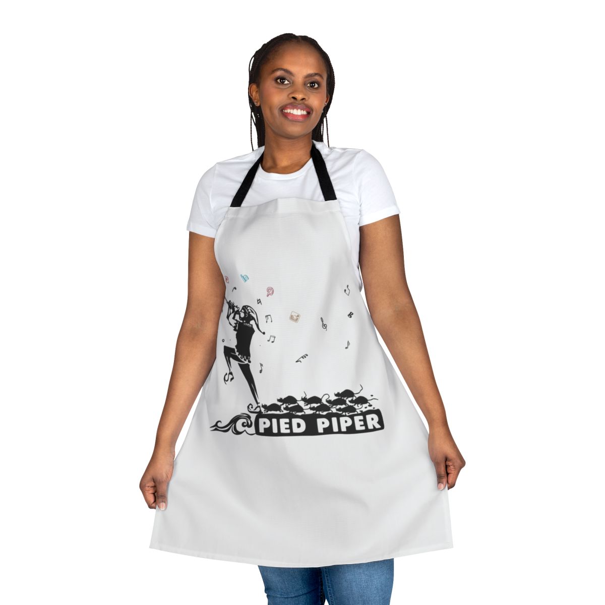 Monochrome apron featuring the Pied Piper of Hamelin folklore