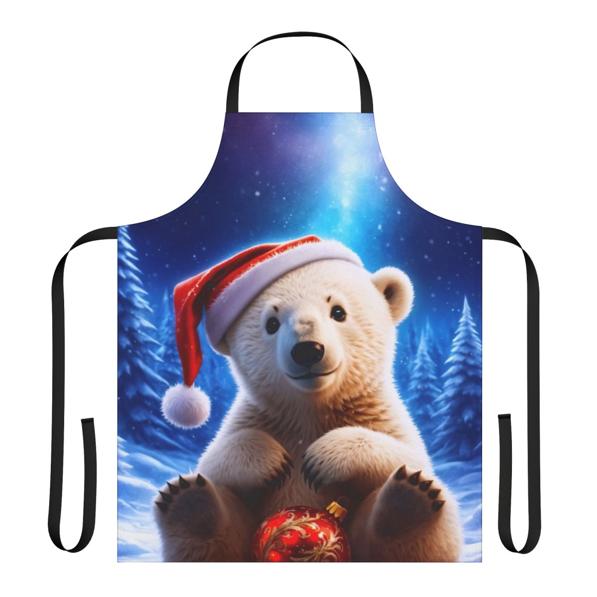 A digital artwork illustration of a polar bear cub waiting for Christmas, surrounded by winter forest, northern lights, and ornaments.