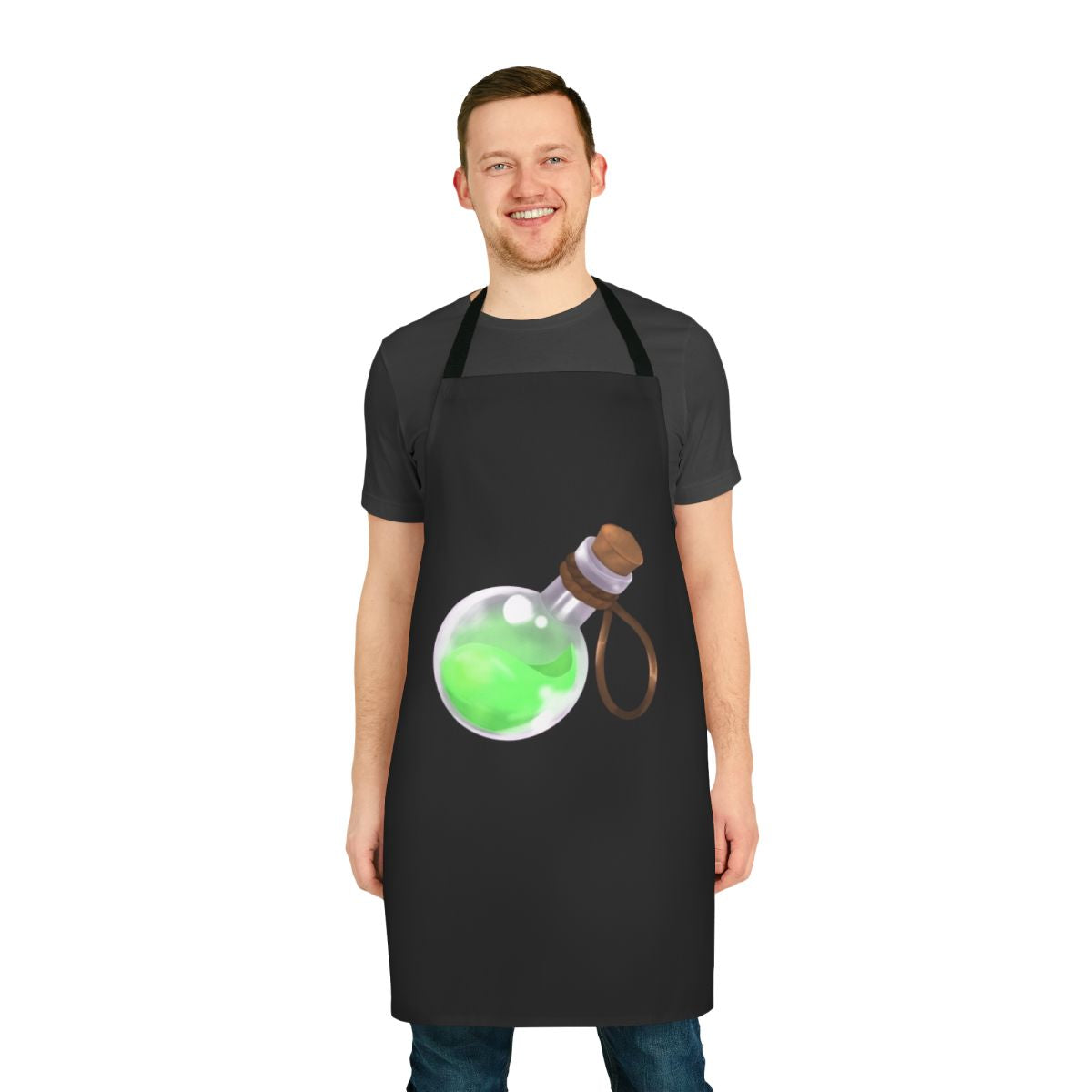 Fantasy-inspired potion-themed apron with blue and red potions