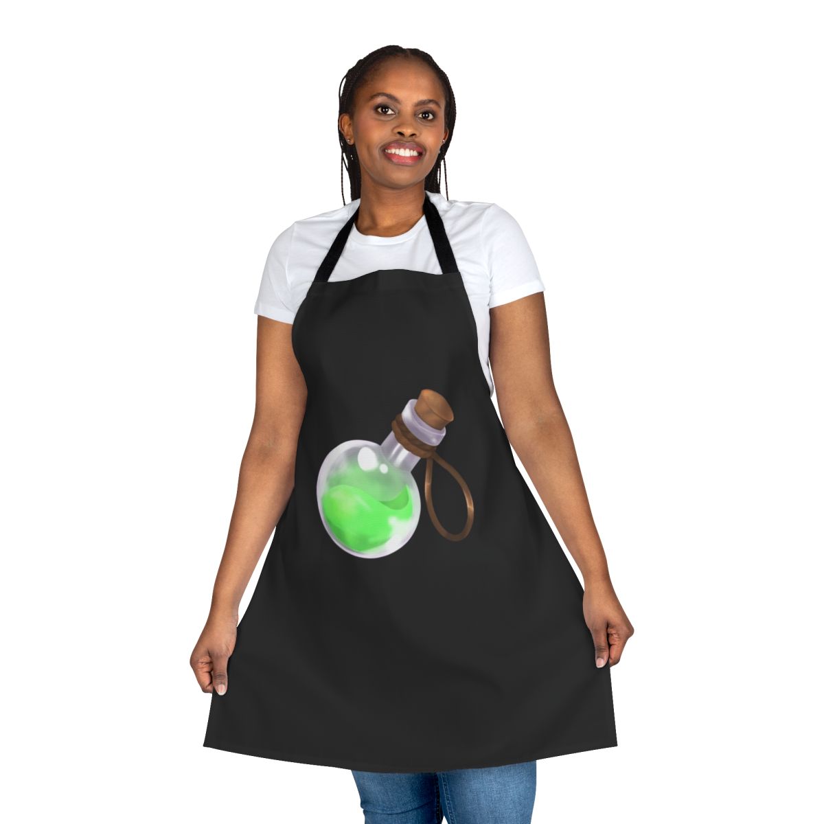Fantasy-inspired potion-themed apron with blue and red potions