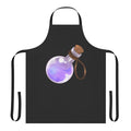 A pastel blue and red apron with fantasy potion graphics, perfect for RPG-inspired cooking and cosplay.