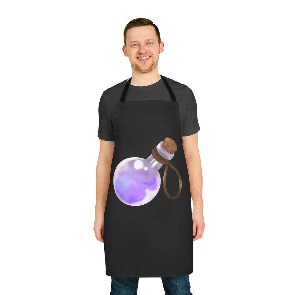 A pastel blue and red apron with fantasy potion graphics, perfect for RPG-inspired cooking and cosplay.