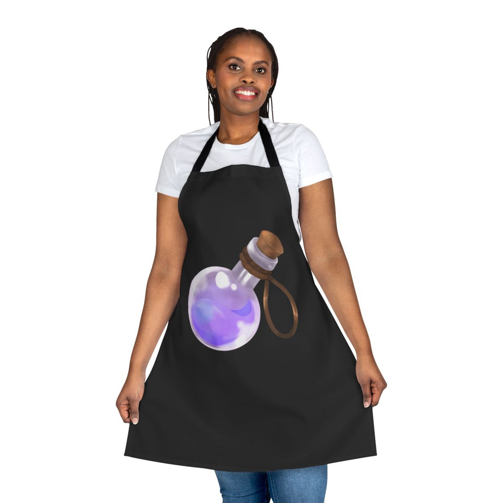 A pastel blue and red apron with fantasy potion graphics, perfect for RPG-inspired cooking and cosplay.