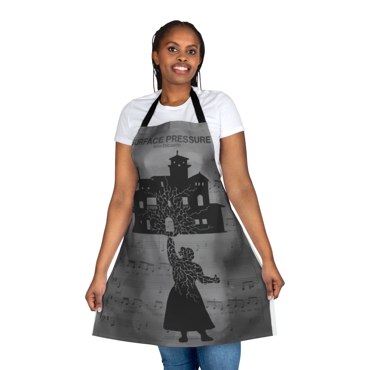 Pressure-themed cooking apron featuring sheet music designs inspired by the Disney movie Encanto