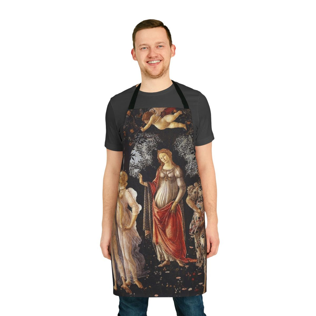Sandro Botticelli's Primavera masterpiece depicted on a high-quality kitchen apron