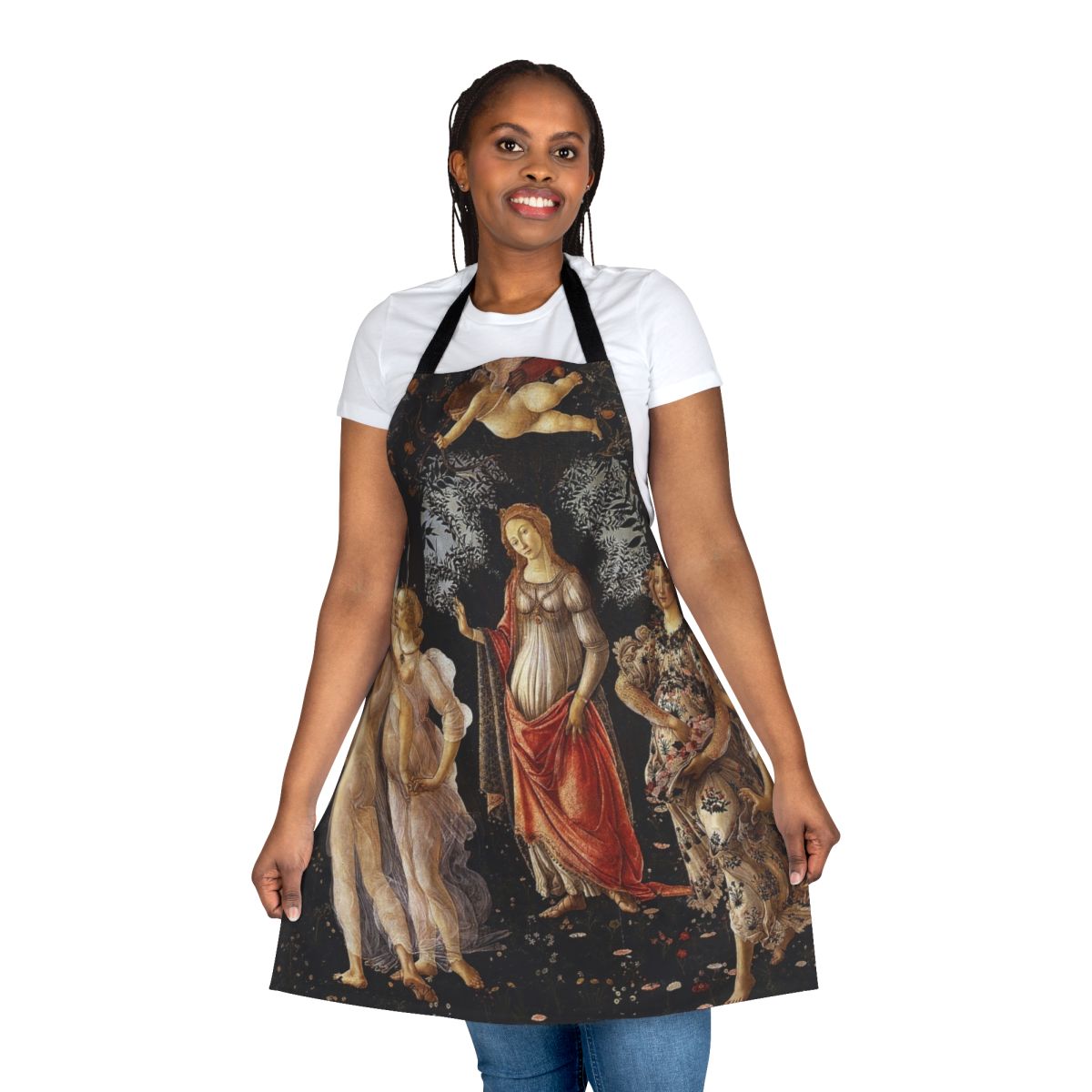 Sandro Botticelli's Primavera masterpiece depicted on a high-quality kitchen apron