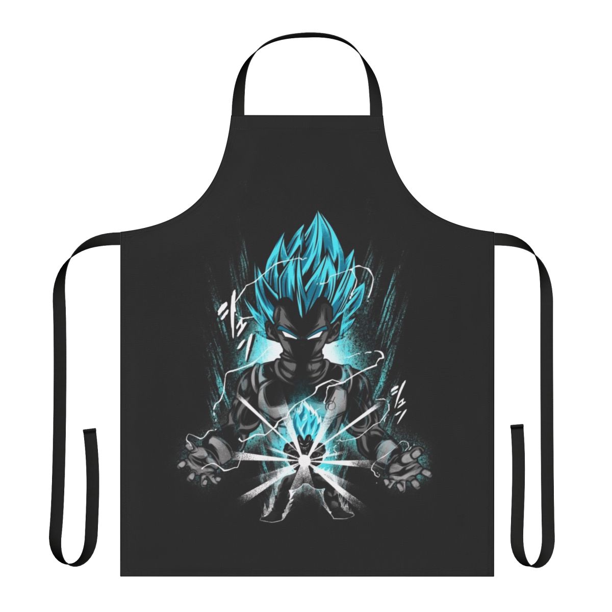 Product image of a blue apron with anime-inspired graphics and designs