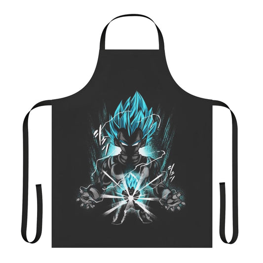 Product image of a blue apron with anime-inspired graphics and designs